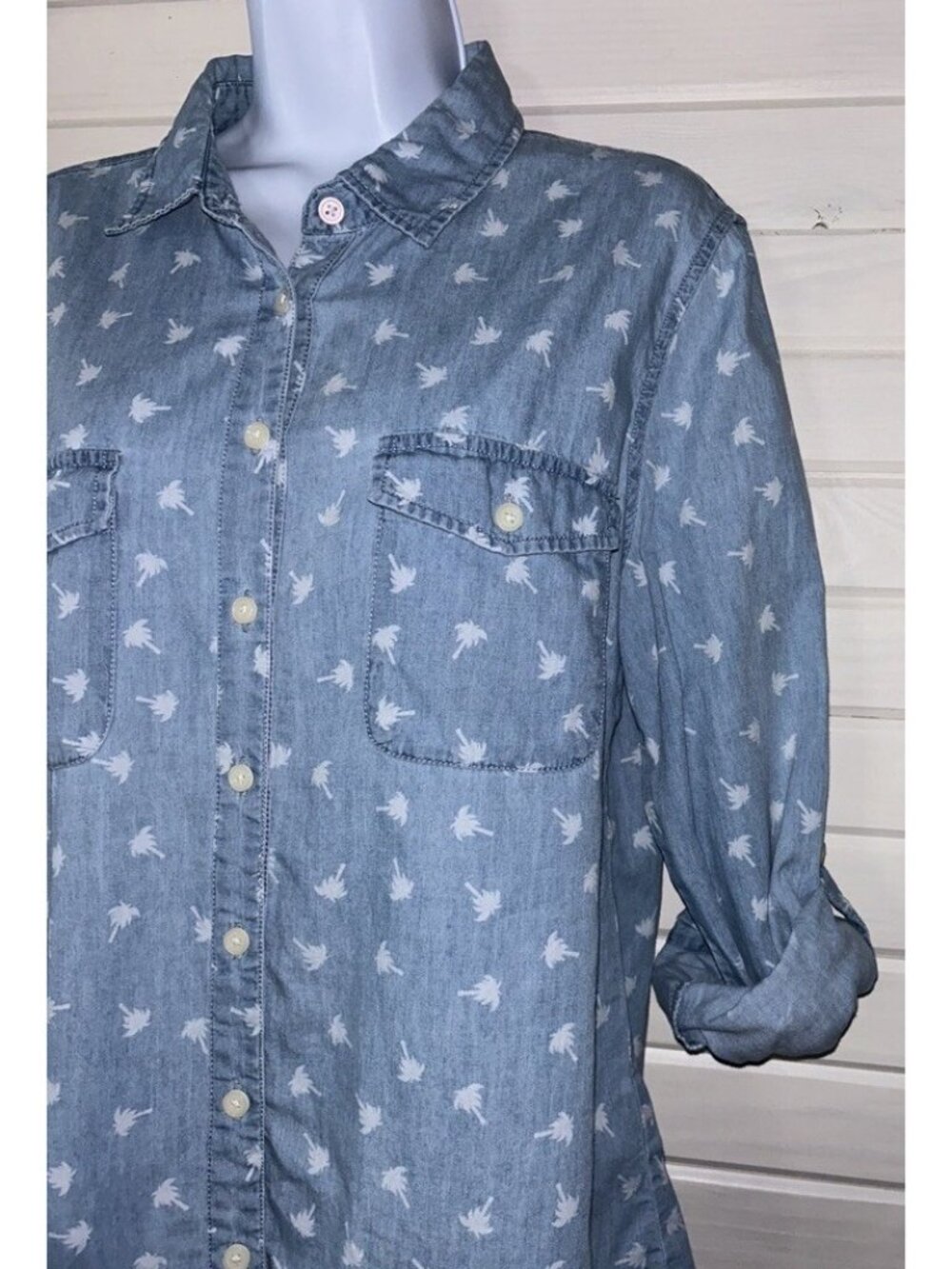 Alexander Jordan Sz LARGE Denim Chambray Shirt Tunic Palms Roll Tab Sleeves EUC